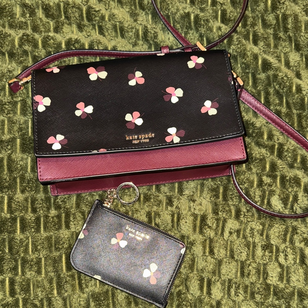 Kate Spade Black and Pink Floral Crossbody Bag with Cardholder